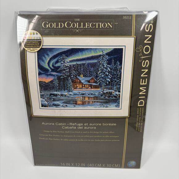Dimensions Gold Collection Cross Stitch Kit Aurora Cabin Winter Mountain NEW Opn - Picture 1 of 7